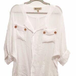 Democracy White Boxy 3/4 Sleeve Button Down Shirt